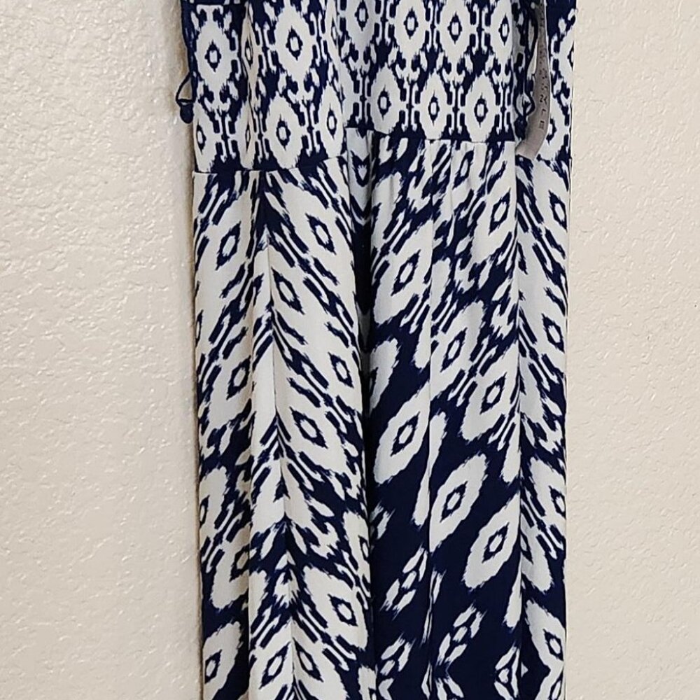 London Style Collection Blue/White Abstract Print Beachy Sundress New with Tag